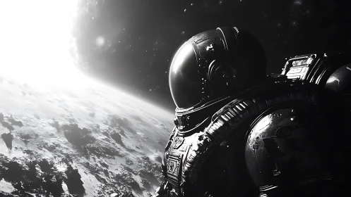 Luminous terminator horizon with extravehicular suit silhouette.