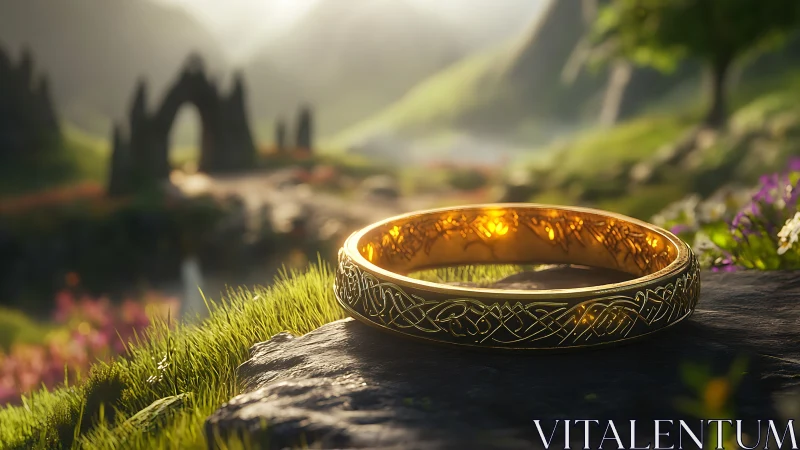 Golden ring with Celtic motifs on stone in fantasy valley.