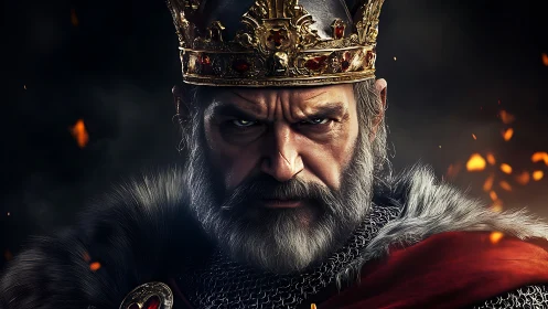 Grim medieval king portrait with jeweled golden crown.
