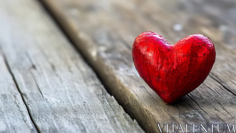 Red Metallic Heart Form on Weathered Wood Surface Structure.