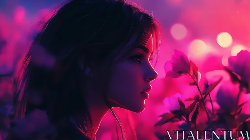 Side-lit dreamer lingers where neon twilight kisses petals