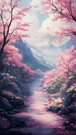 Mountain stream winds through luminous cherry blossom valley