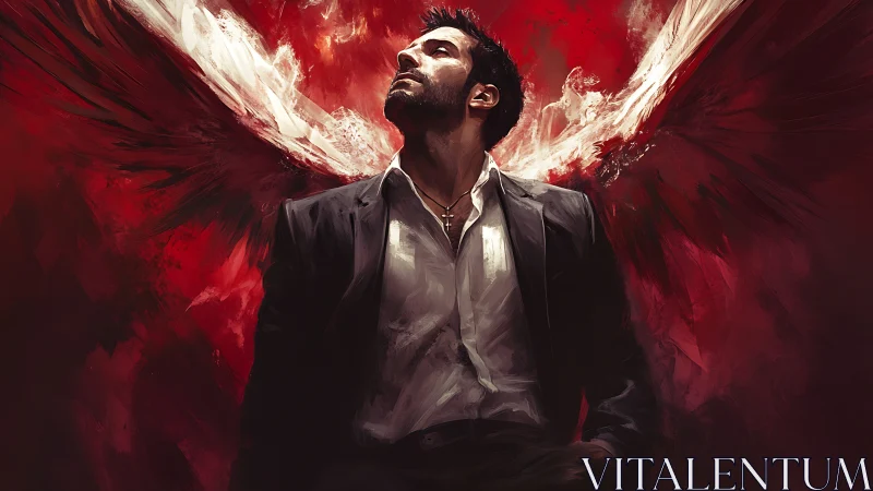 Winged suit-wearing guardian breathes fire from the shadows