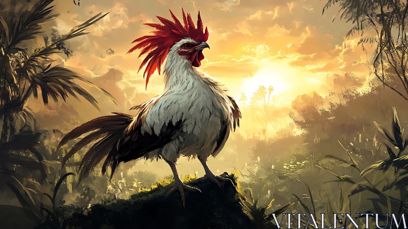 Majestic Rooster Emerges in Golden Jungle Sunrise.