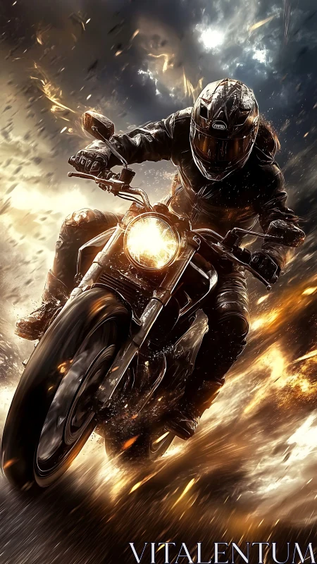 Motorcyclist accelerates through fiery debris with dynamic motion blur