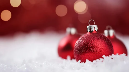 Photorealistic red baubles in shallow-focus snowfield composition.