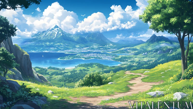 Coastal valley path overlooking lake and distant mountains.