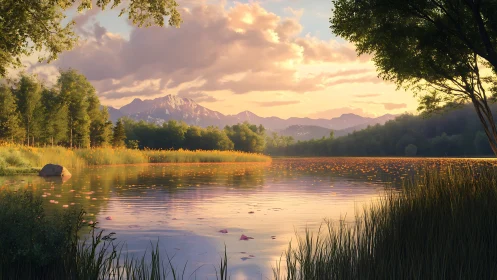 Serene mountain lake at sunset with trees and soft clouds.