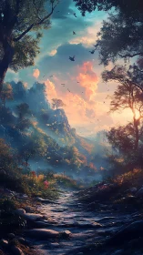 Sunlit mountain path winding through ethereal forest valley.