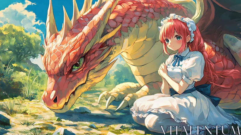 Red dragon and maid share quiet moment in sunlit meadow