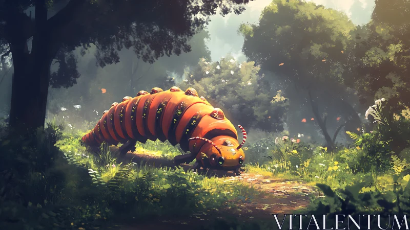 Gentle giant caterpillar wandering through a sunlit forest path.