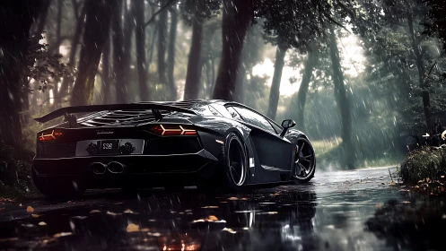 Rear view shows low sports car on wet forest road in rain