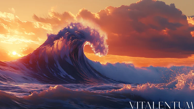 Sunlit ocean wave curls under vivid golden sunset sky.