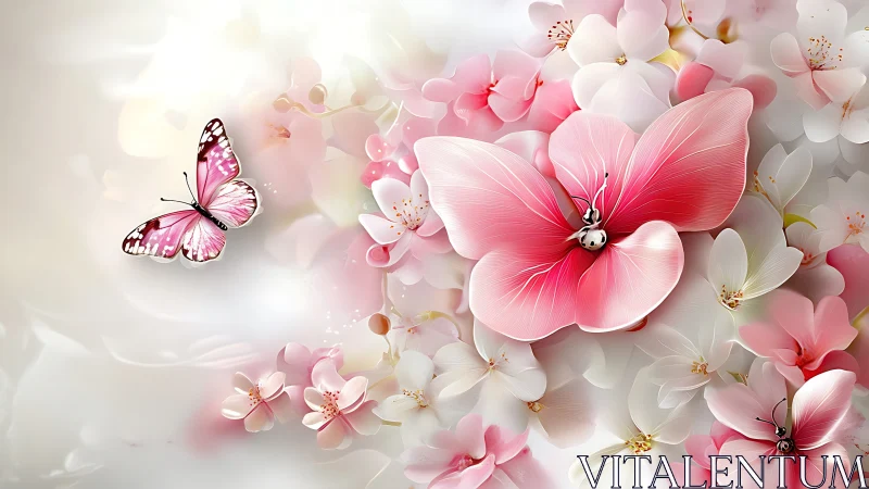 Pink butterfly glides above luminous pastel blossoms.