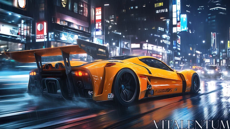 Aerodynamic hypercar sprinting through neon-soaked wet boulevard.