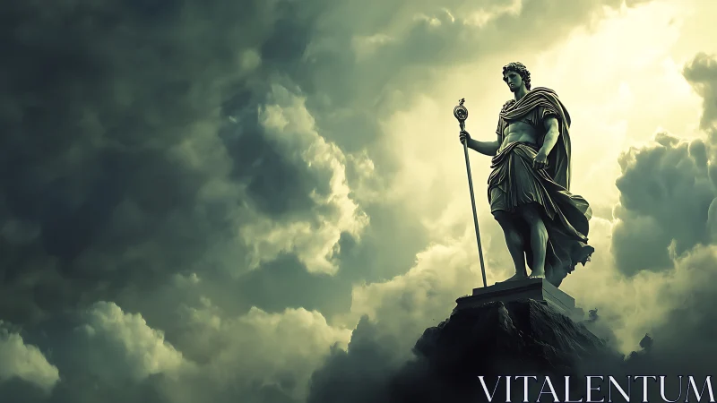 Monumental godlike statue dominates a storm-lit cloudscape