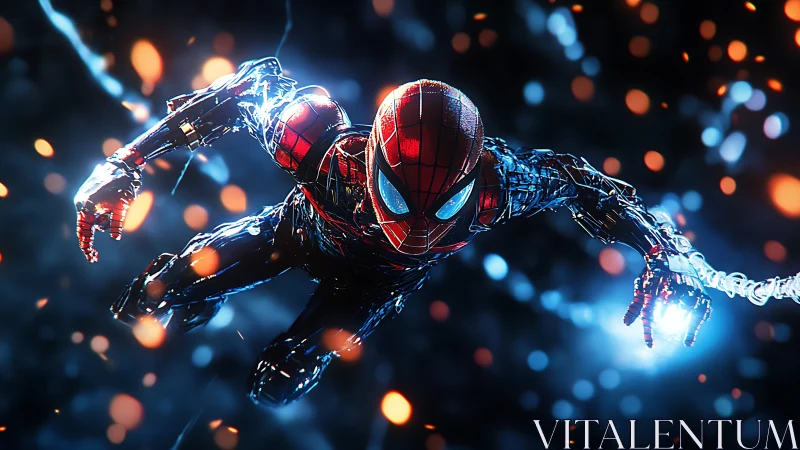 Armored spider-themed hero dives through glowing particle storm