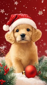 Golden puppy wearing Santa hat sits amid seasonal decor