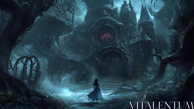Gothic manor looms over cloaked girl in moonlit fantasy forest