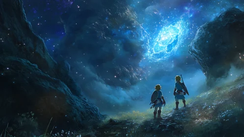 Two adventurers observe spiral nebula above misty mountain pass