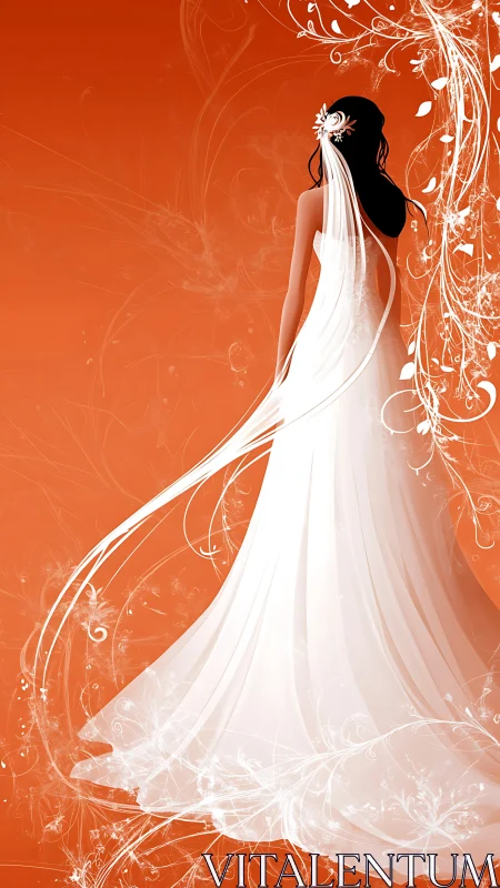Digital bridal silhouette in white gown on vivid orange field