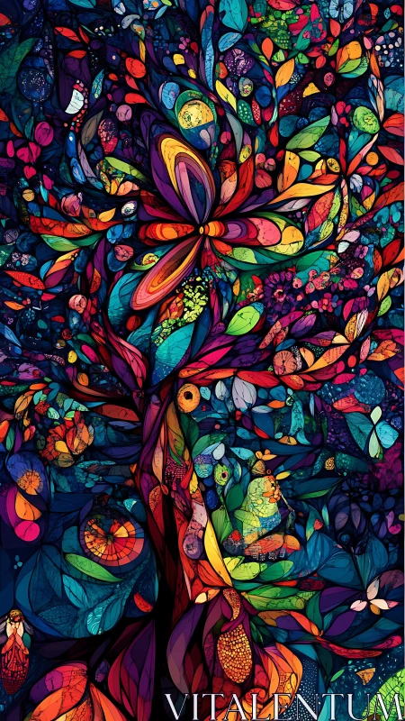 Intricate stained glass tree with dense layered organic leaf tessellation