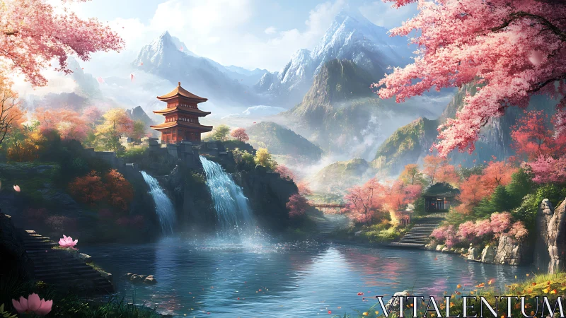 Pagoda above twin waterfalls in a mountainous valley setting.