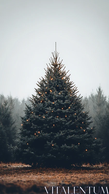 Outdoor Christmas tree with warm lights in misty field.