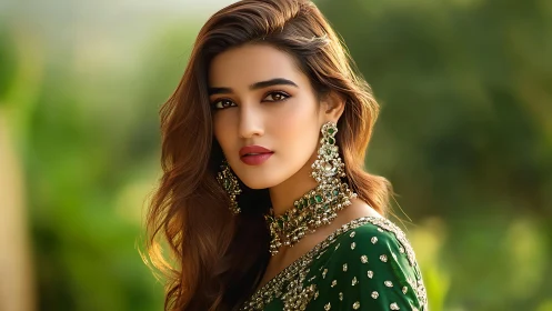 Portrait of woman in emerald sari with jeweled earrings.