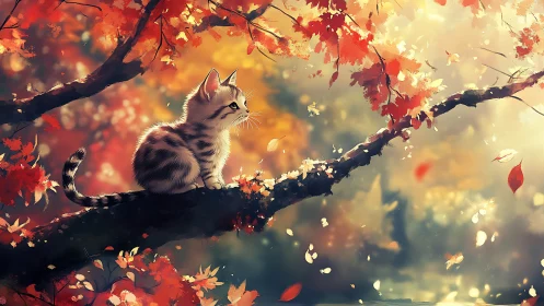 Autumnal feline study on arboreal perch with bokeh diffusion.