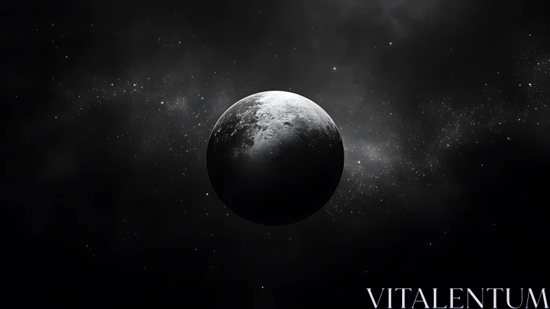 Monochrome moon drifts through dense starfield in shadowed void.