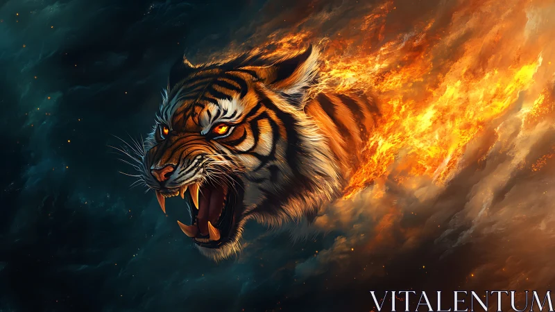 Inferno tiger comet roaring through storm forged skies.