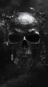 Midnight skull emerging from shattered cosmic shadows.
