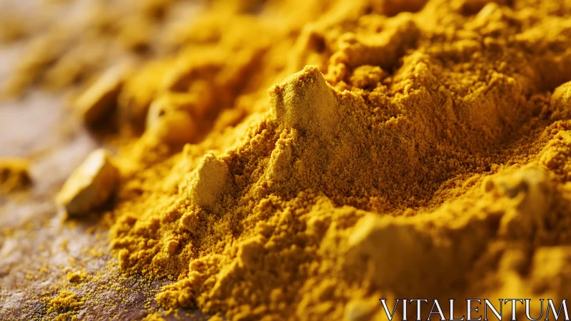 Close-up macro view of yellow turmeric spice powder mound.