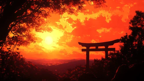 Torii gate silhouette against red sunset sky over valley.