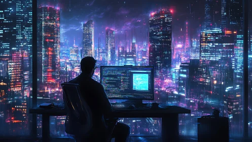 Coder at midnight window weaving light into neon skyline.