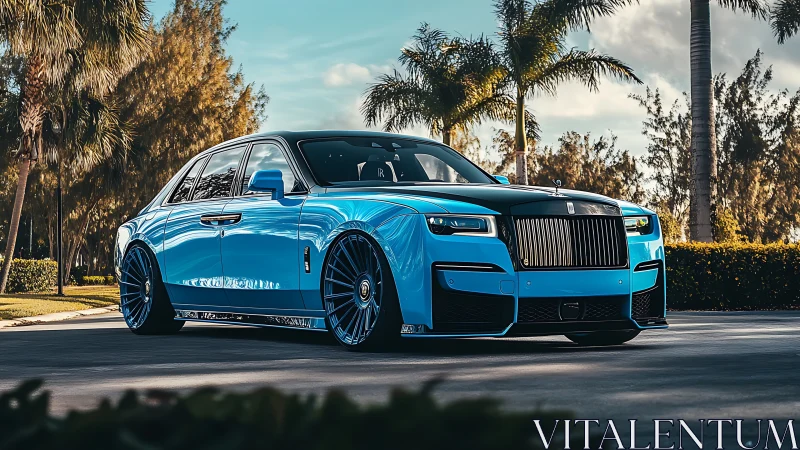 Custom blue luxury sedan glides under warm tropical light.