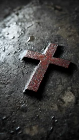 Red metal cross on wet dark stone ground in close focus.