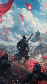 Samurai commander surveys battlefield beneath storm-swept banners