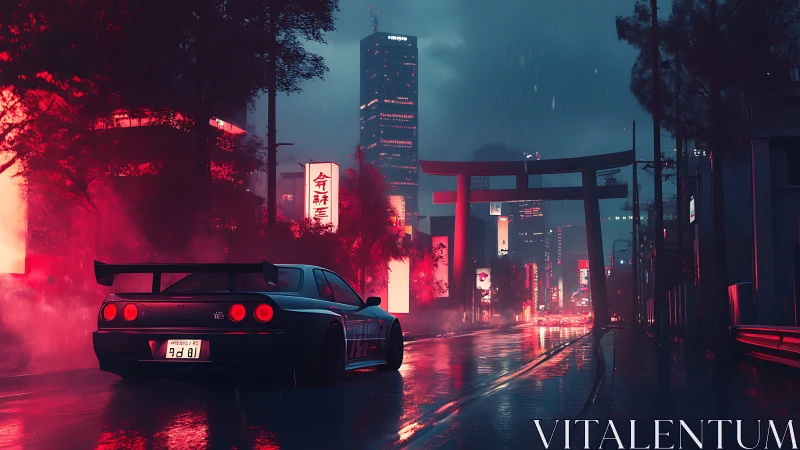 Neon-lit GT-R in rain-soaked tokyo street with torii gates at dusk