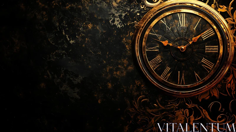 Digital painting of ornate vintage clock on dark textured ground.