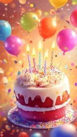 Magical Birthday Celebration: Rainbow Cake with Floating Balloons.