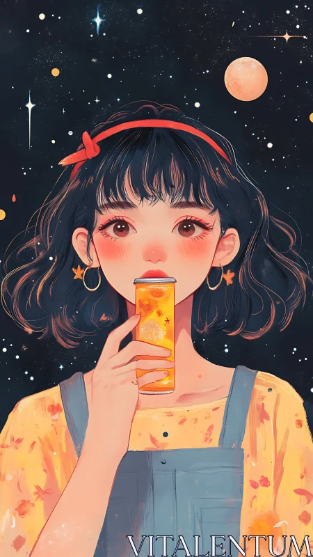 Girl holds orange drink against stylized starry night background