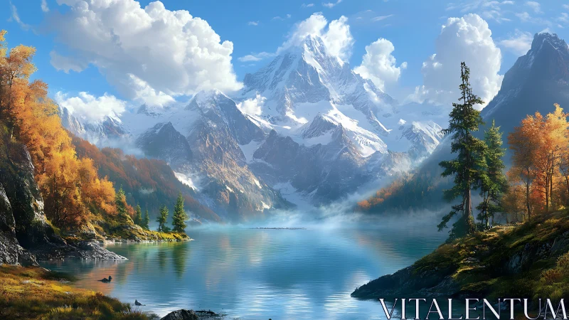 Snow-capped peaks crown a tranquil autumn mountain lake scene.