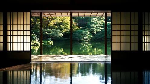 Interior frame aligns with exterior garden and pond view