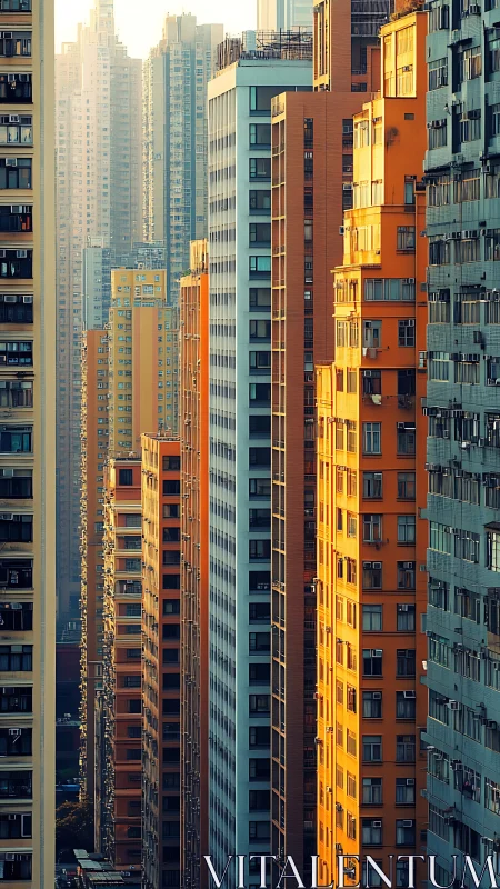 Dense high-rise corridor captures warm urban sunset glow
