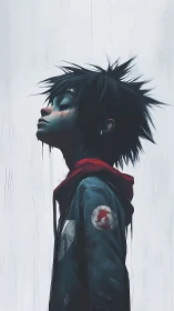 Spiky haired youth in profile wearing red hooded jacket.