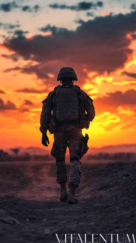 Soldier in combat gear walking along path at sunset.