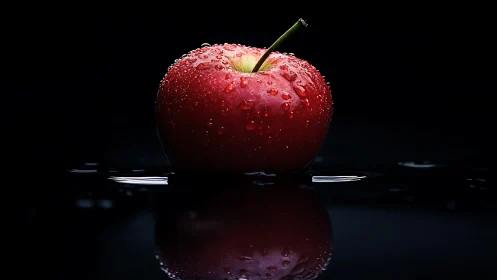Red apple macro still life with water droplets on black.