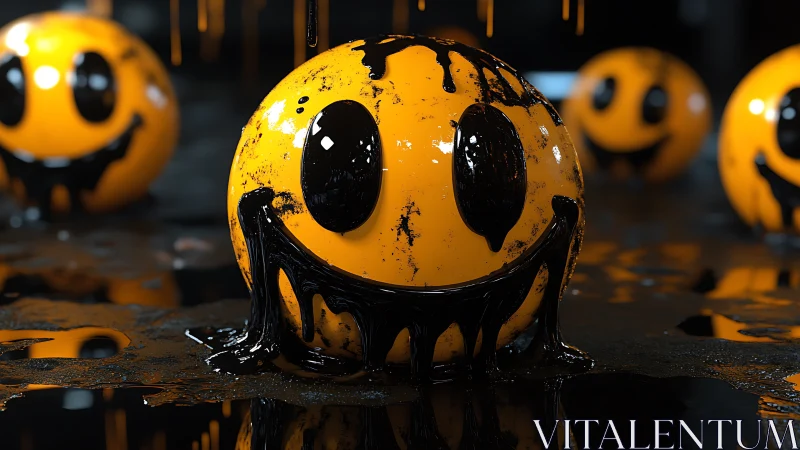 Smiley face orbs drip with inky black paint in neon gloom.